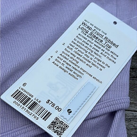 Lululemon Wrap-Front Ribbed Long Sleeve Top Lilac Esther purple WOMENS SIZE 6 - Picture 3 of 8